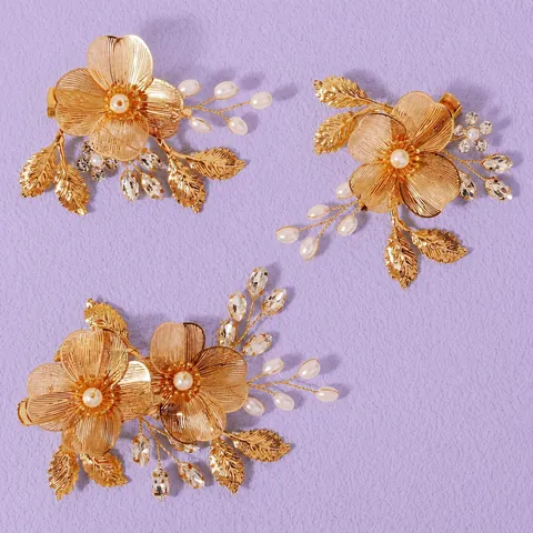 Handmade Metal Flower Petal Hair Clip Women Wedding Forest Vintage Rhinestone Artificial Pearl Bridal Hair Accessories
