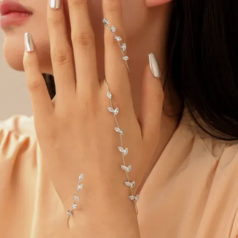 Bracciale da Mano in Acciaio Inossidabile con Zircone a Foglia Con Anello Oro Argento Vite Bracciale Anello da Dito per Donna Gioielli