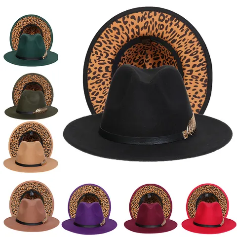 Unisex Leopard Print Lining Wide Brim Fedora Hat Cotton Polyester Jazz Hat With Decorative Band For Autumn Winter
