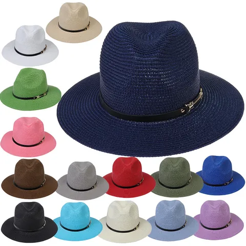 Women's Panama Straw Hat Sun Protection Woven Fedora Jazz Hat With Belt Buckle Pearl Chain Decoration For Summer Beach