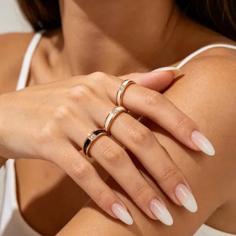 Minimalist Stainless Steel Band Ring For Women Gold Silver Plated Black White Enamel Inlaid Zirconia Fashion Finger Ring Jewelry