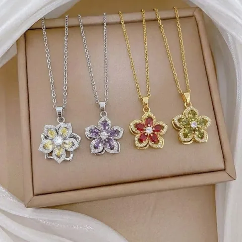 Titanium Steel Zircon Bauhinia Flower Pendant Necklace 360 Degree Rotating Floral Necklace Jewelry Gift For Women Girls