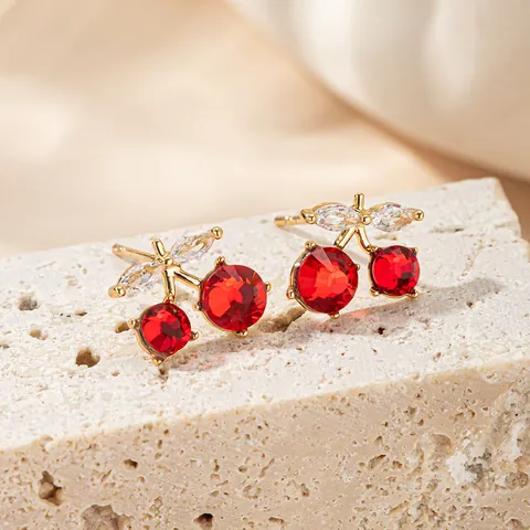 Sweet Cherry Stud Earrings With 925 Sterling Silver Earring Post Zircon Rhinestone Cute Fruit Jewelry For Women Girls Gift