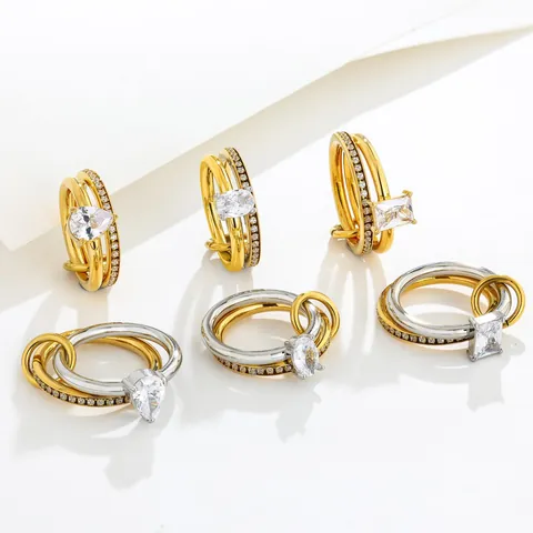 Stainless Steel Double Ring For Women Men Inlaid Square Oval Pear Rhinestone Light Luxury Fashion Daily Finger Ring Jewelry