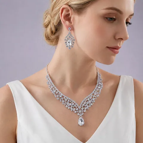 Vintage Luxury Alloy Rhinestone Waterdrop Necklace And Earrings Jewelry Set For Women Wedding Bridal Banquet Party Accessories