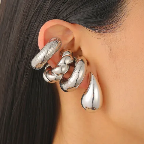 Ensemble de Boucles d'Oreilles Rehausses en C et Clous Goutte en Cuivre Plaqué Argent Bijoux Géométriques pour Femme