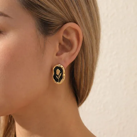 Orecchini a Bottone Ovali a Forma di Fiore di Rosa in Acciaio Inossidabile Vintage Francese Placcati in Oro 18K per Donna