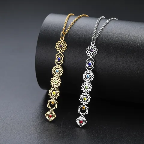 7 Chakras Symbol Pendant Necklace For Women Men 304 Stainless Steel Hollow Out Yoga Mandala Vertical Bar Jewelry Gift