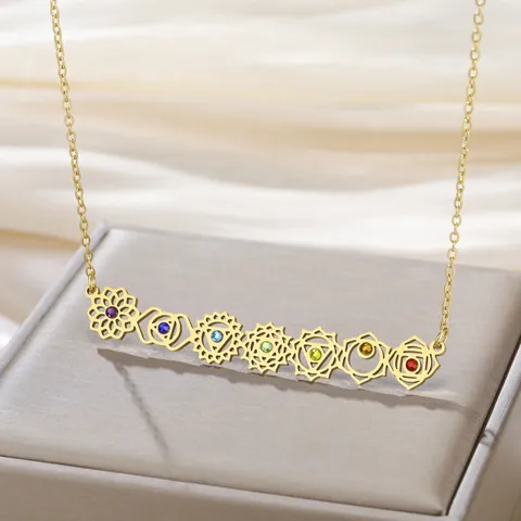 7 Chakras Symbol Pendant Necklace For Women Men 304 Stainless Steel Hollow Out Yoga Mandala Vertical Bar Jewelry Gift