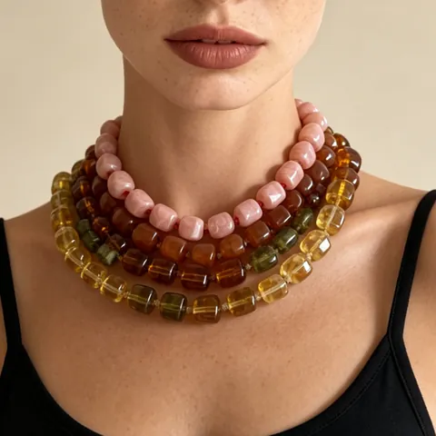 Fashion Chunky Square Resin Beaded Necklace Geometric Statement Jewelry With Extension Chain For Women Vacation Party Accessory