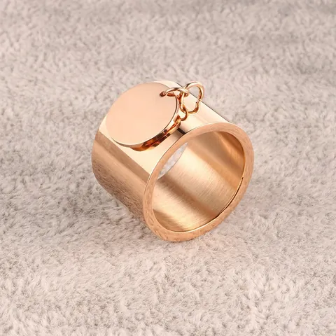 Minimalist Stainless Steel Wide Band Ring Round Dangling Charm Polished Hip Hop Finger Ring Gold Silver Black For Men Women