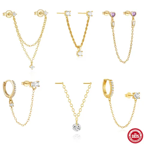 925 Sterling Zilveren Hart Ketting Kwastje Oorbellen Goud Zilver Verguld Zirkonia Dubbele Piercing Oorknopjes Voor Vrouwen