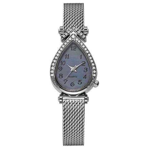 Elegant Waterdruppel Quartz Horloge Voor Dames Strass Bezel Metalen Mesh Band Mode Casual Dress Watch Voor Dames Romeinse Arabische Cijfers Wijzerplaat