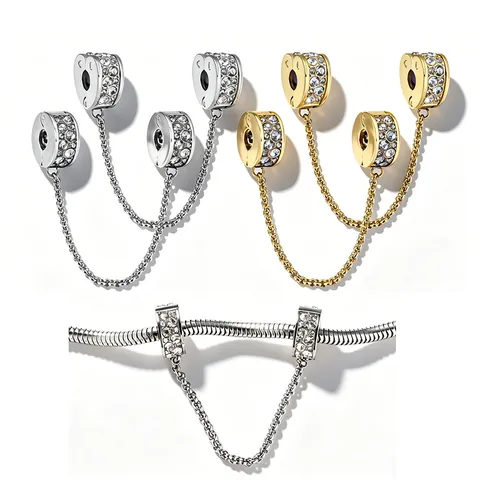 Stainless Steel Safety Chain Charm For Bracelet Heart Round Rhinestone DIY Beads Accessory Gold Silver Plated Jewelry Charm
