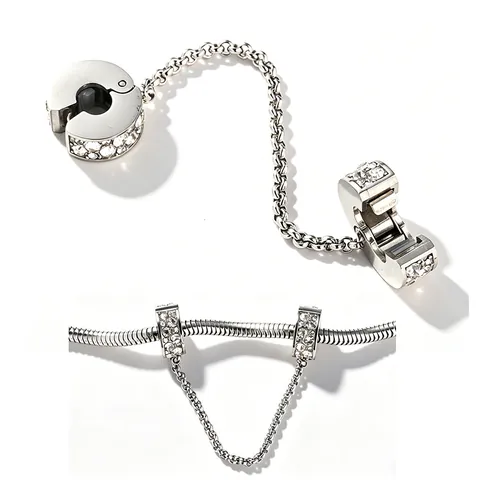 Stainless Steel Safety Chain Charm For Bracelet Heart Round Rhinestone DIY Beads Accessory Gold Silver Plated Jewelry Charm