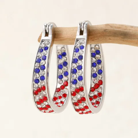 Western Style Red White Blue Rhinestone Hoop Earrings Patriotic Independence Day Jewelry Stainless Steel Post Copper Stud Earrings