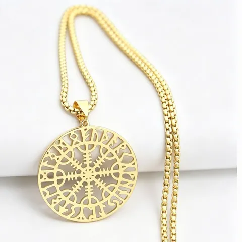 Nordic Viking Odin Vegvisir Compass Pendant Necklace Stainless Steel Hollow Rune Circle Pendant Necklace For Men Women Jewelry