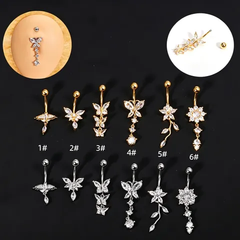 316L Stainless Steel Zirconia Butterfly Navel Piercing Ring Sexy Tassel Dangle Belly Button Ring For Women Body Jewelry