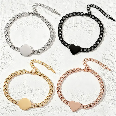 Minimalist Stainless Steel Cuban Chain Bracelet With Blank Round Heart Pendant Engravable Metal Jewelry For Men Women