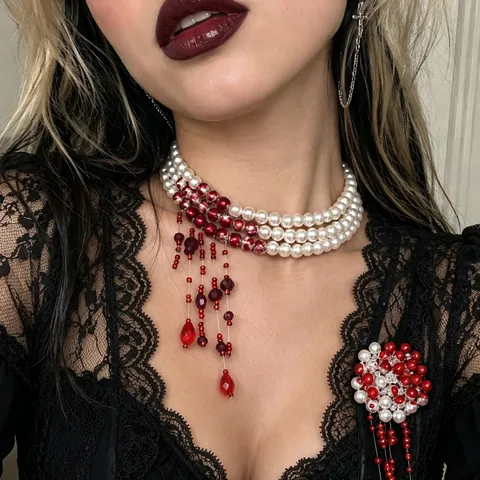 Gothic Blood Drop Tassel Choker Necklace Artificial Pearl Beaded Multilayer Neckwear For Women Halloween Party Jewelry
