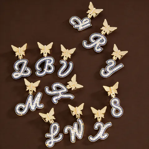 Copper Butterfly Initial Necklace For Women Men Gold Plated Hip Hop Blue White Zirconia Pendant Alphabet Necklaces Jewelry