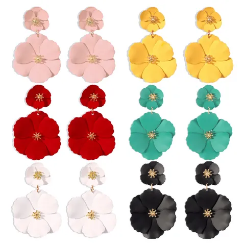 Bohemian Matte Alloy Double Flower Drop Earrings For Women Sweet Floral Summer Vacation Decorative Jewelry Earrings