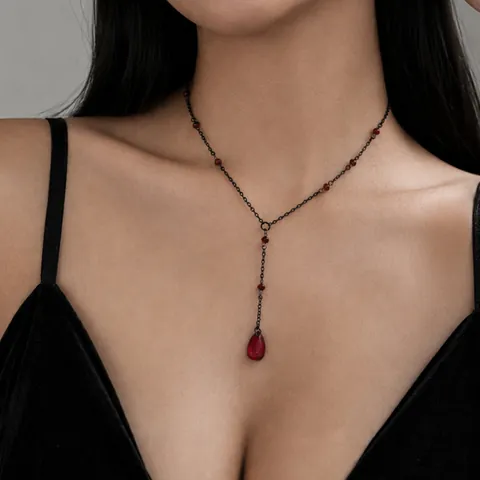 Gothic Y-Shaped Pendant Necklace With Crystal Beads Teardrop Tassel Retro Vampire Style Jewelry Accessories For Women
