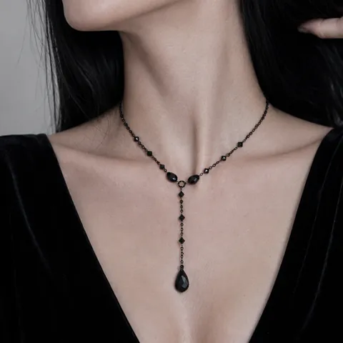 Gothic Y-Shaped Pendant Necklace With Crystal Beads Teardrop Tassel Retro Vampire Style Jewelry Accessories For Women
