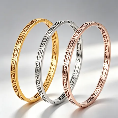 Stainless Steel Greek Key Pattern Hollow Bangle For Women Gold Plated Vintage Meander Great Wall Design Jewelry Bracelet Gift