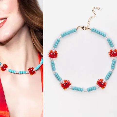 Bohemian Turquoise Beaded Necklace Red Lobster Lampwork Pendant Titanium Steel 18k Gold Plated Heart Fish Pearl Layering Jewelry For Women