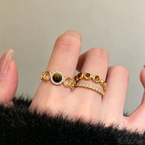 Vintage Zinc Alloy Tiger Eye Stone Rhinestone Rings For Women Gold Hammered Adjustable Bohemian Open Ring Set Fashion Jewelry Gift