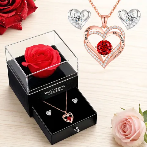 Copper Heart Pendant Necklace Rhinestone Inlaid Double Heart Jewelry Set For Women Valentine Mother Day Gift Necklace Earring