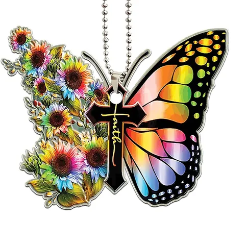 Adorno Colgante Cruz Mariposa Faith Colgante de Acrílico con Alas Florales para Decoración de Interiores de Coches Mochilas