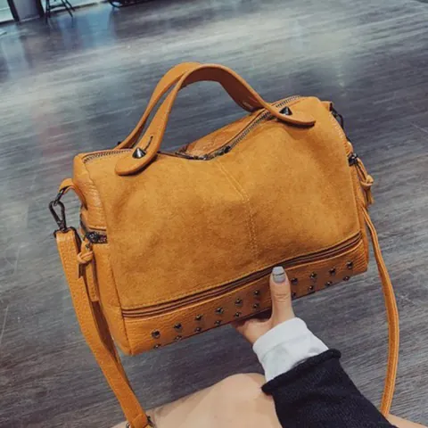 Women Fashion Studded Motorcycle Handbag PU Leather Patchwork Large Capacity Shoulder Bag Rivet Decor Crossbody Bag For Travel