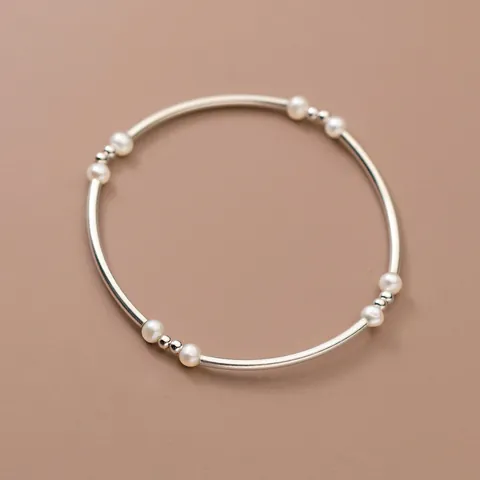 925 Sterling Silver Pearl Bracelet For Women Minimalist Curved Tube Beaded Elastic Bangle Small Dainty Jewelry Gift