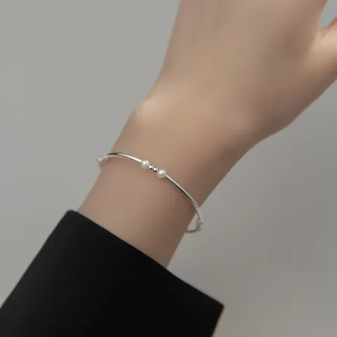 925 Sterling Silver Pearl Bracelet For Women Minimalist Curved Tube Beaded Elastic Bangle Small Dainty Jewelry Gift