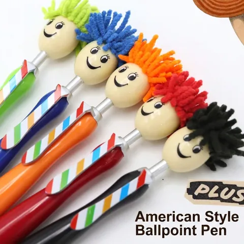 Cartoon Doll Head Ballpoint Pen Plush Decoration Multifunctional Stylus Touch Screen Pen Plastic Retractable Smile Face Pen For Kids School Office