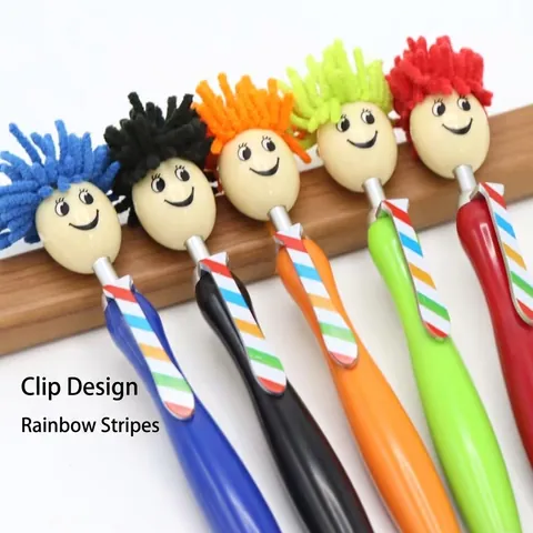 Cartoon Doll Head Ballpoint Pen Plush Decoration Multifunctional Stylus Touch Screen Pen Plastic Retractable Smile Face Pen For Kids School Office