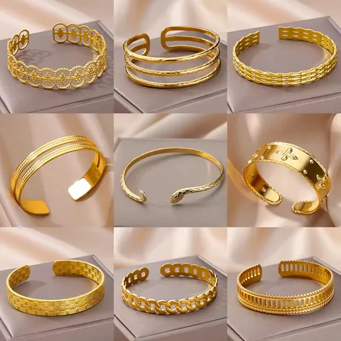 Vintage Stainless Steel 18K Gold Plated Snake Cuff Bracelet Hammered Textured Sunburst Bangle Fashion Jewelry Gift For Women