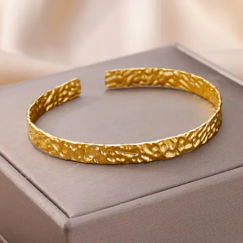 Vintage Stainless Steel 18K Gold Plated Snake Cuff Bracelet Hammered Textured Sunburst Bangle Fashion Jewelry Gift For Women