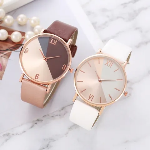 Mode Damen Einfach Zweifarbig Patchwork Quarzarmbanduhr Minimalistisch Lederarmband Römische Digitale Skala Elegant Ins Stil Student Geschenk Schmuck Uhr