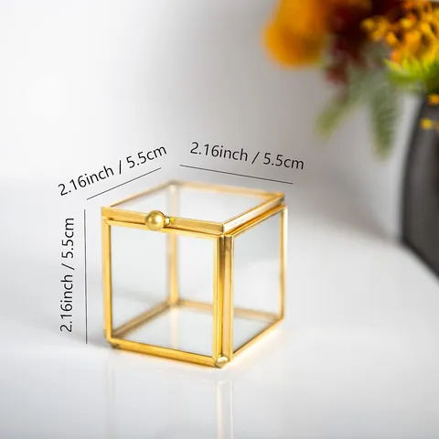 Mini Geometric Glass Jewelry Box Gold Metal Frame Clear Ring Earring Case For Wedding Valentine Gift Decorative Home Box
