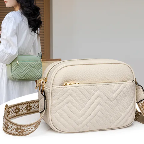 Women's Chevron Quilted Crossbody Bag Retro PU Leather Small Square Bag With Patterned Wide Strap Urban Fashion Camera Bag