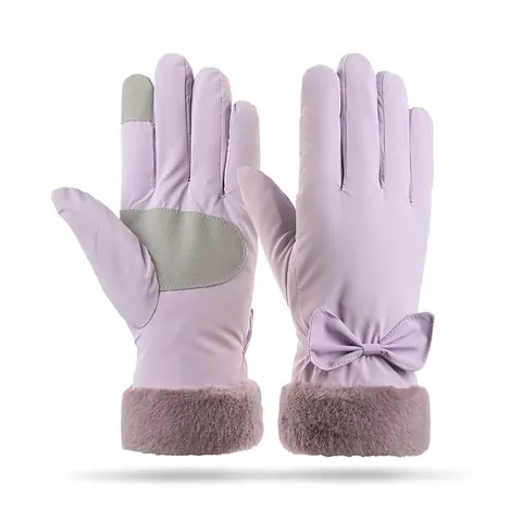Gants d'Hiver Chauds pour Femmes Écran Tactile Doublés Polaire Épais Cyclisme en Plein Air Coupe-vent Suède Synthétique Nœud en Fourrure