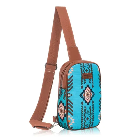 Bohemian Geometric Print Canvas Chest Bag For Women Ethnic Style Crossbody Waist Bag Large Capacity PU Leather Sling Bag Travel Shoulder Bag