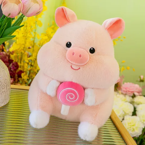Cute Pink Pig Plush Toy With Lollipop Design Soft Stuffed Animal Doll For Kids Birthday Gift Home Decor