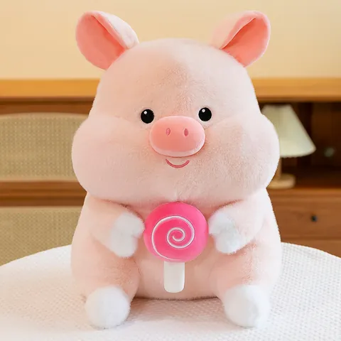 Cute Pink Pig Plush Toy With Lollipop Design Soft Stuffed Animal Doll For Kids Birthday Gift Home Decor