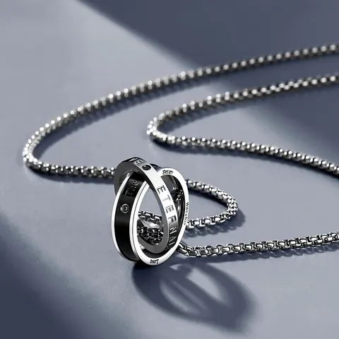 Heren Hip Hop Titanium Staal Dubbele In elkaar grijpende Ringen Hanger Halsketting Zilver Zwart Gegraveerd Eternal Love Strass Inlaid Streetwear Sieraden