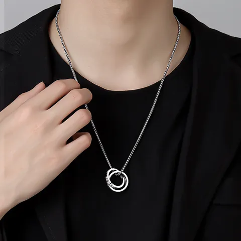 Heren Hip Hop Titanium Staal Dubbele In elkaar grijpende Ringen Hanger Halsketting Zilver Zwart Gegraveerd Eternal Love Strass Inlaid Streetwear Sieraden