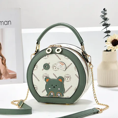 Women Round Crossbody Bag PU Leather Cartoon Bear Decor Letter Print Fashion Top Handle Handbag Chain Strap